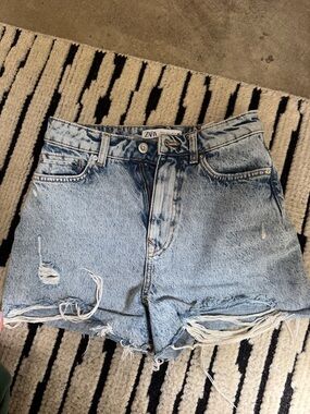 ZARA Light Blue Distressed High-Rise Denim Shorts